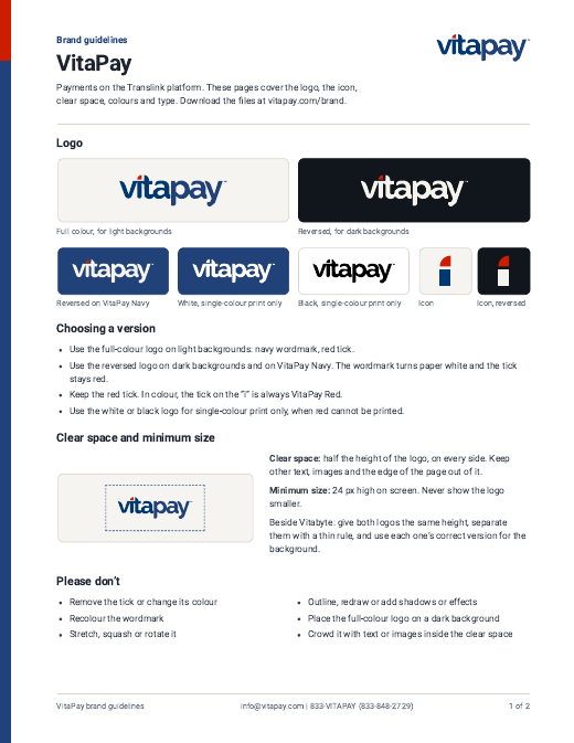 The first page of the VitaPay brand guidelines