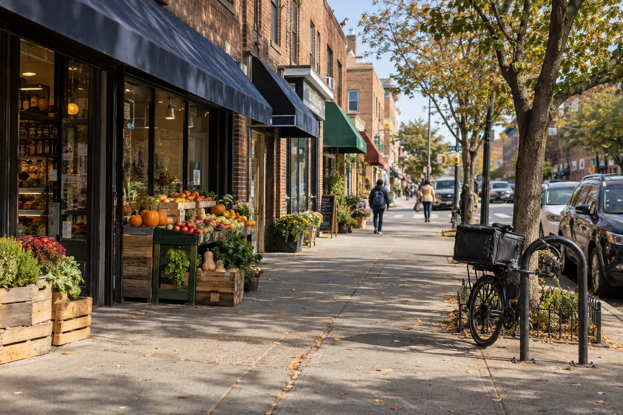 Neighborhood storefronts, a produce stand, and a delivery bicycle on a New York street.