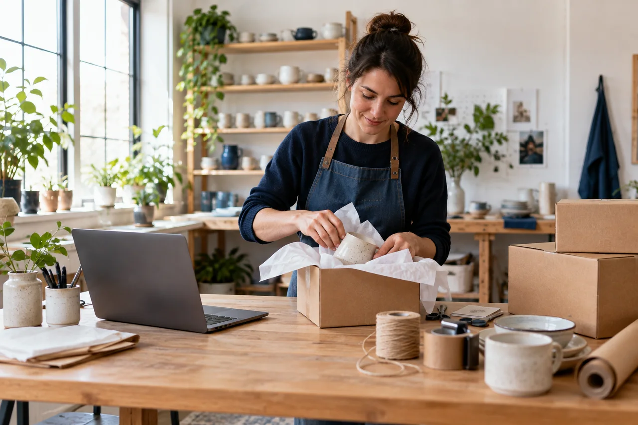 An online shop owner packing a ceramic order at her workbench.