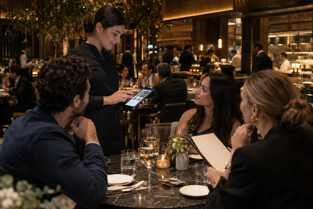 A server taking a table’s order on a handheld touchscreen in a busy upscale restaurant.