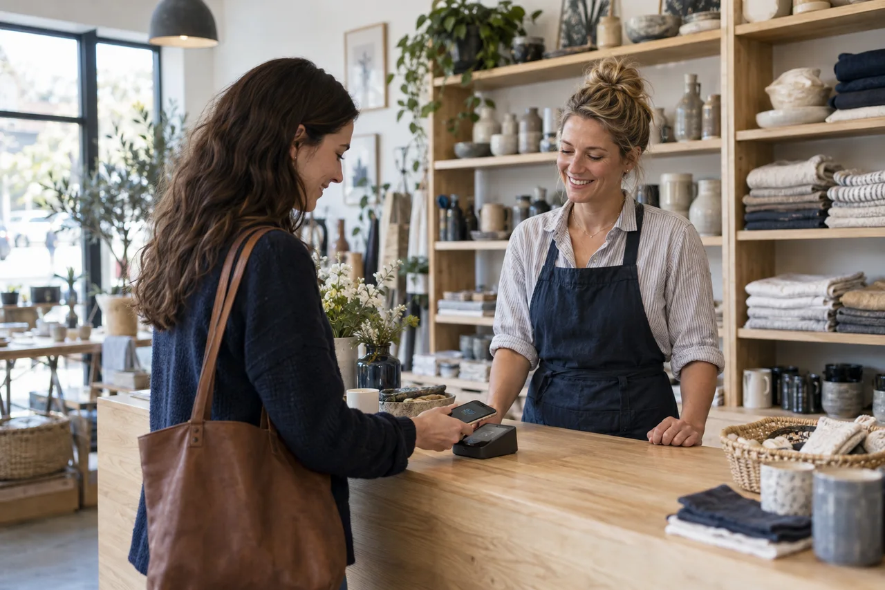 A customer paying by phone at an independent homewares shop.