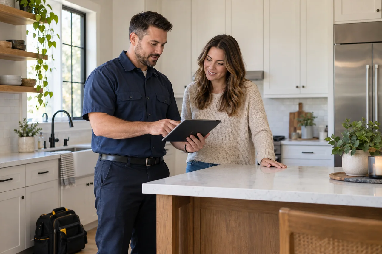 A home service professional reviewing job details with a customer.