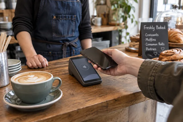 A customer tapping a phone on a payment terminal at a café counter
