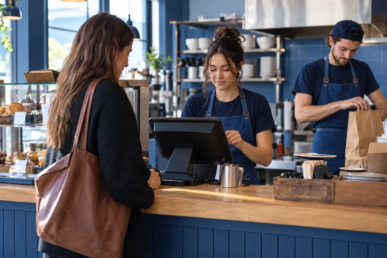 A guest and two staff members at a café counter.