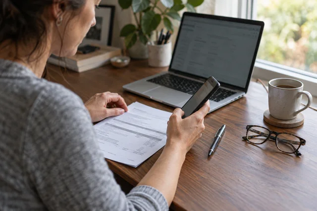 A customer reviewing paperwork and making a payment on their phone