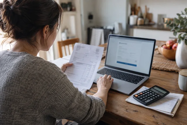 A business owner reviewing an invoice and paying on a laptop