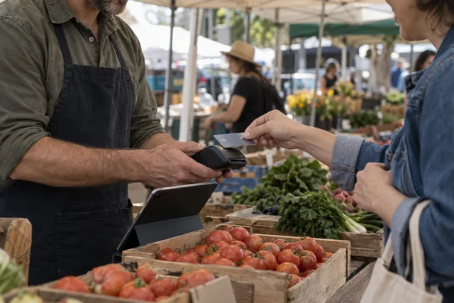 A produce vendor taking a contactless payment at an outdoor market