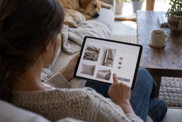 A shopper ordering textiles from a tablet at home