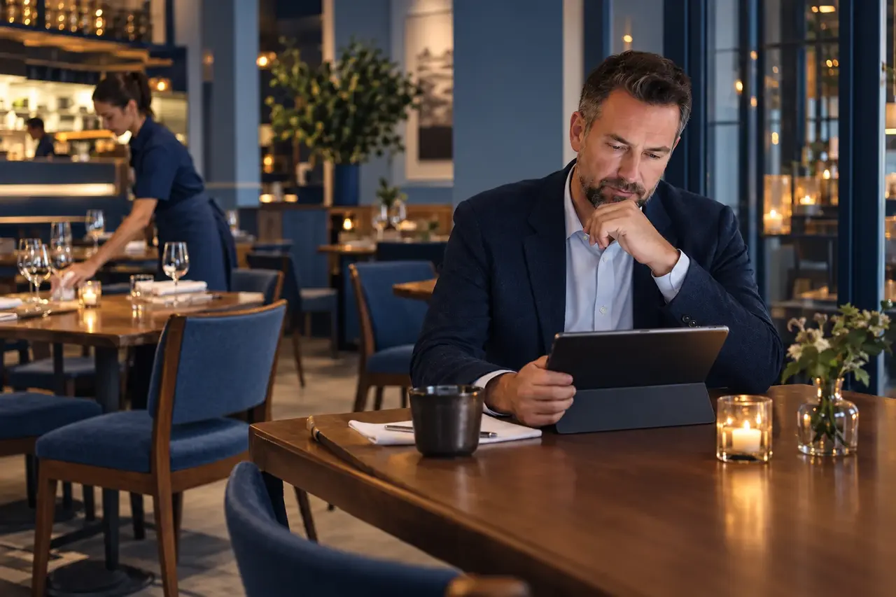 A manager reviewing the business after service.