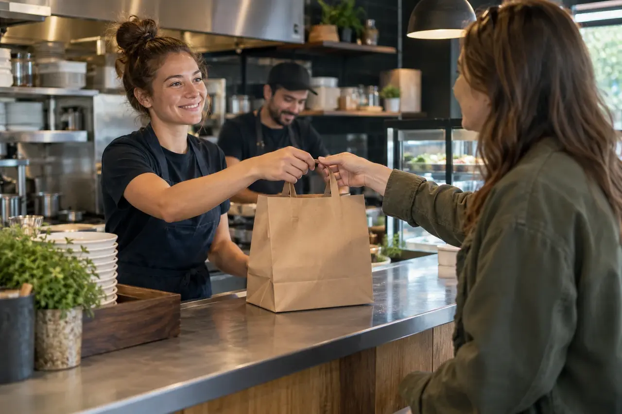 Restaurant staff preparing an order for pickup.