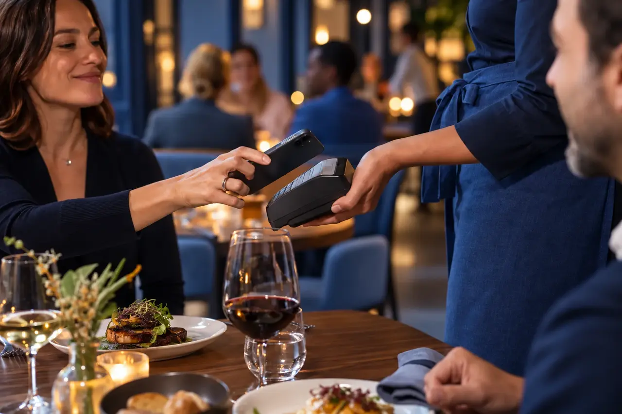 A server presenting a payment terminal at the table.