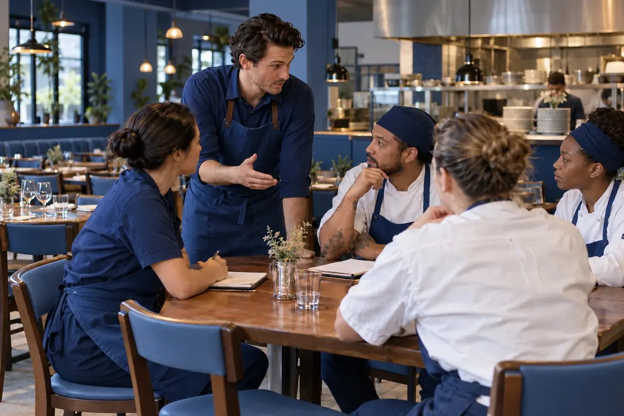 A restaurant manager briefing the team before service.