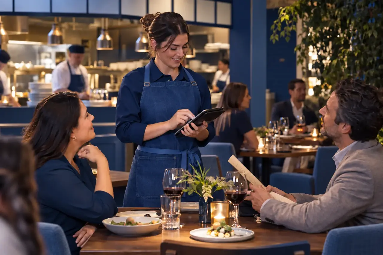 A server recording an order beside a restaurant table.