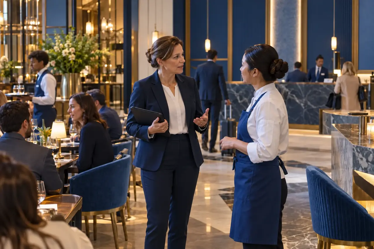 Hospitality managers reviewing their venue operations.