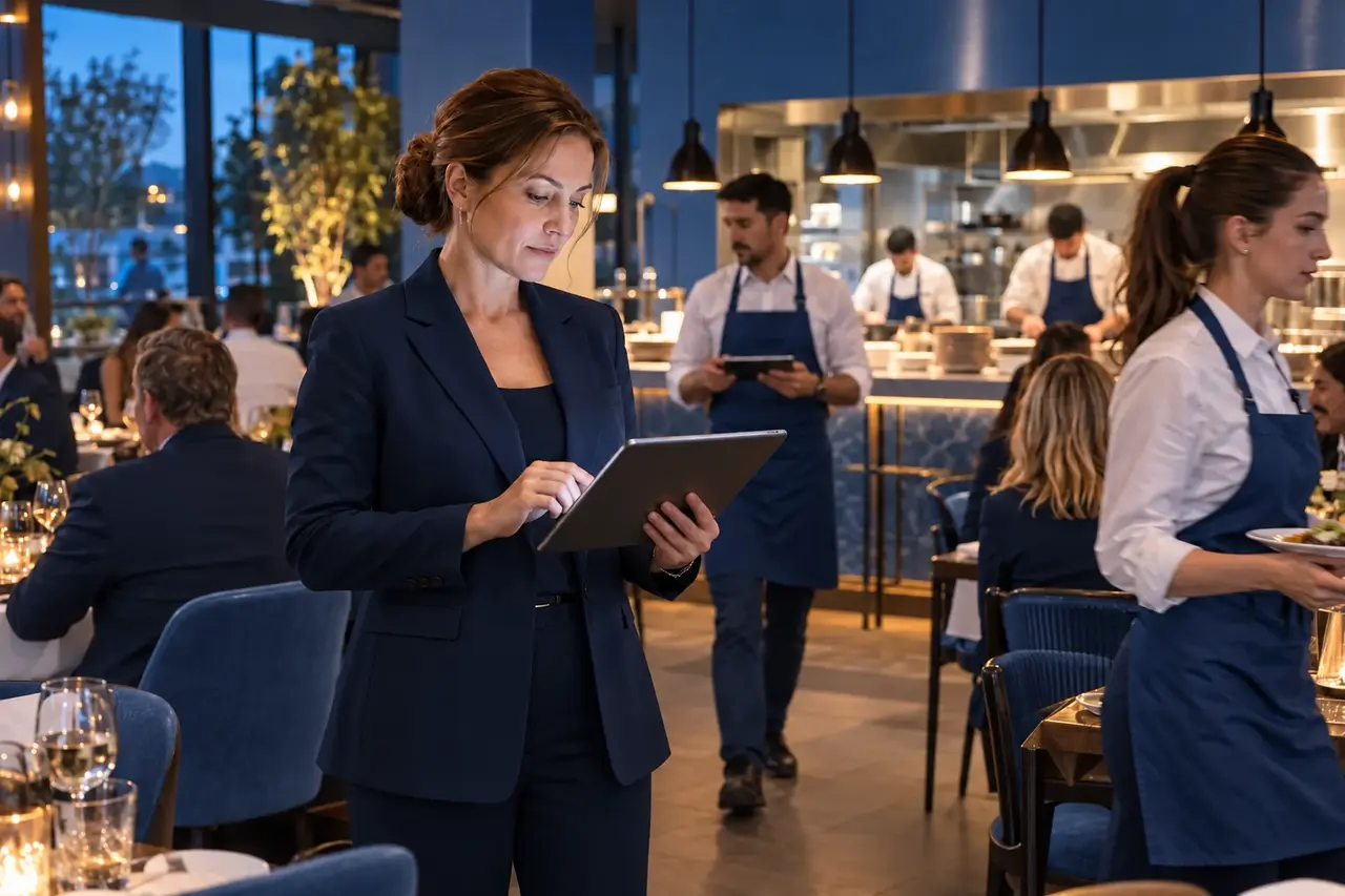 A restaurant team reviewing the venue setup together.
